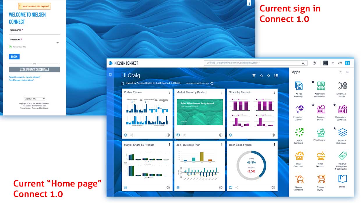 Nielsen Connect 1.0 before the redesign: the old sign-in screen and home page dashboard with app list