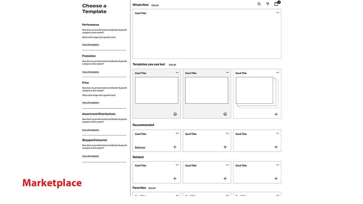 Low-fidelity wireframe of the report marketplace: choose a template by category, with recommended and related cards