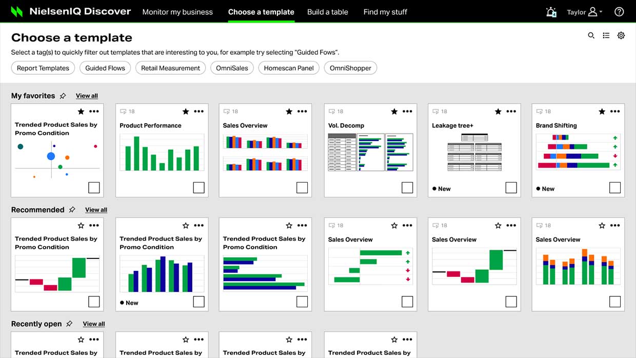 Final 'Choose a template' screen in NielsenIQ Discover with tag filters and chart thumbnails for each report