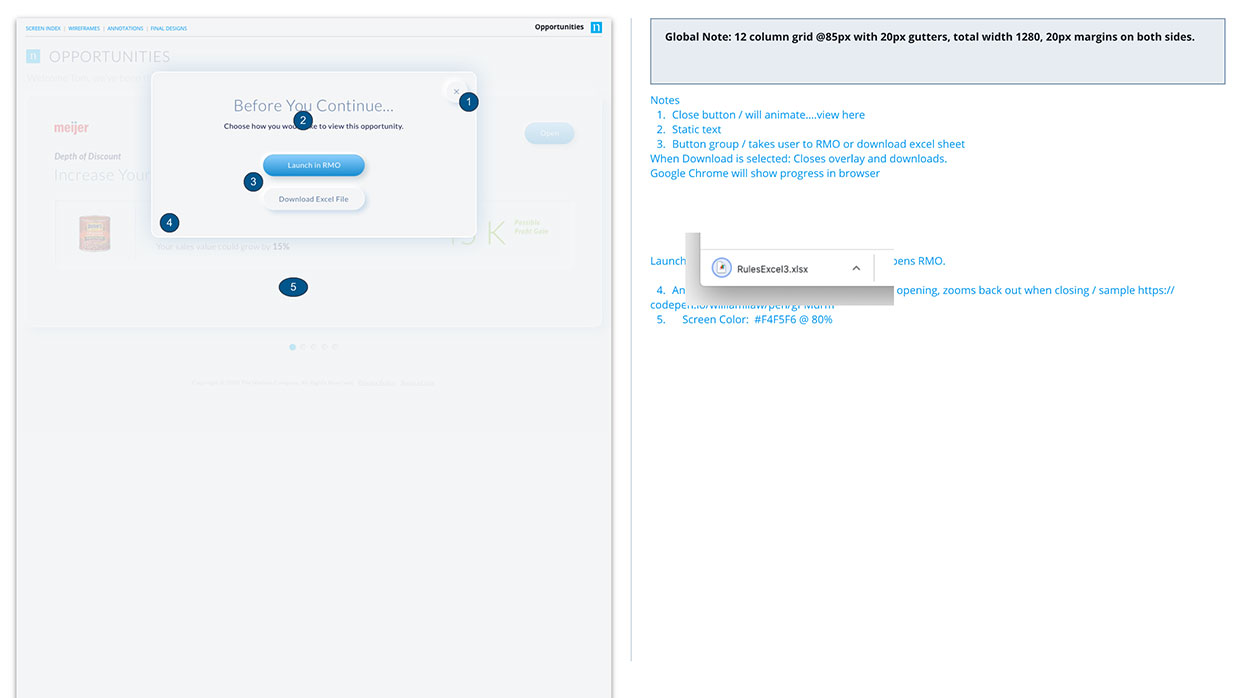 Handoff annotations for the 'Before you continue' dialog, including button behavior and the downloaded Excel file