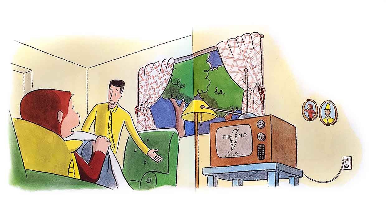 Wake-up spread from Curious George's Dream: George in the living room with the man in the yellow hat beside a TV