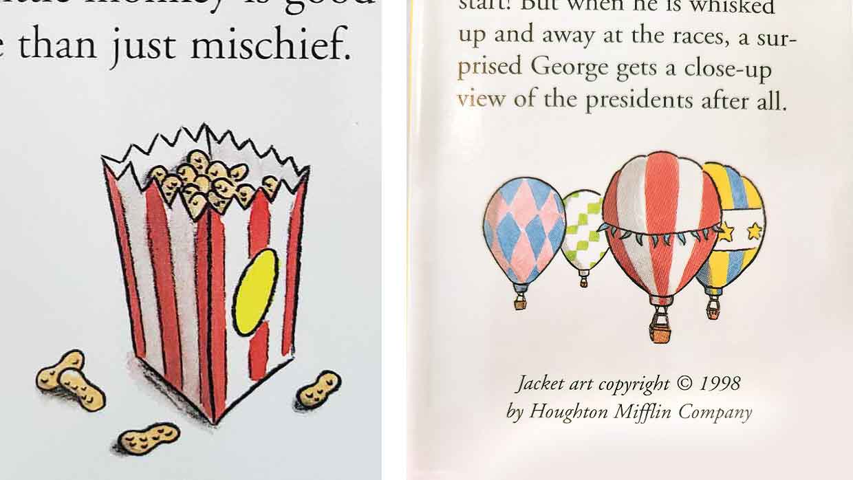 Spot illustrations for Curious George: a striped popcorn box with peanuts and four colorful hot air balloons