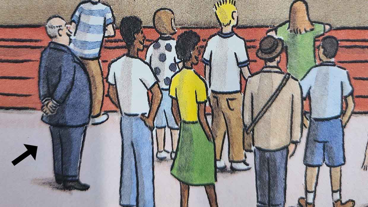 Crowd scene from Curious George and the Hot Air Balloon with an arrow pointing to Alfred Hitchcock's cameo